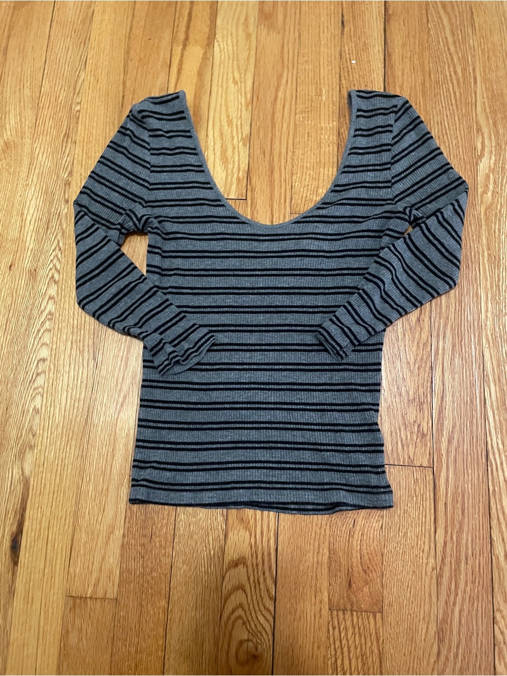 Express OneEleven Striped Scoop Neck 3/4-Sleeve Top - Black & Gray